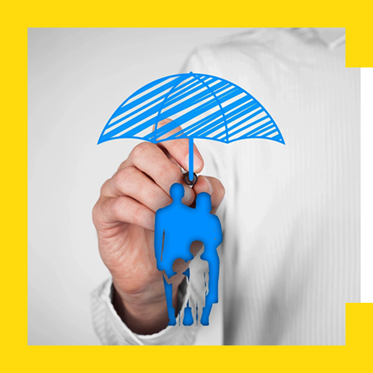 A person holding an umbrella with a cut out of a man and woman.